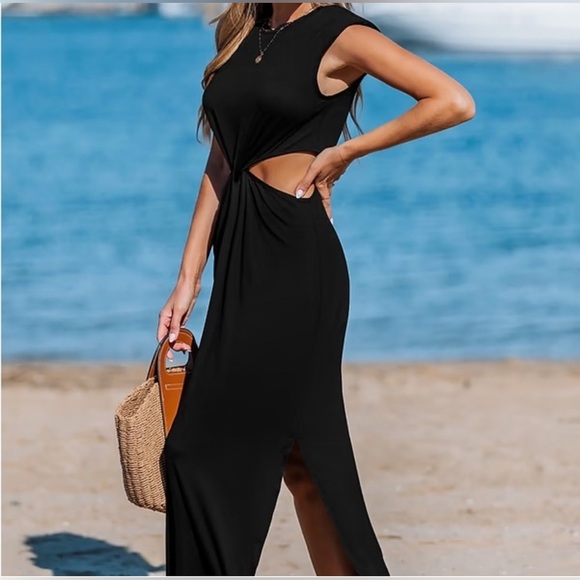 Cupshe Black Maxi Feminine Cut Out Dress Stretch Chic Elegant - Picture 2 of 16